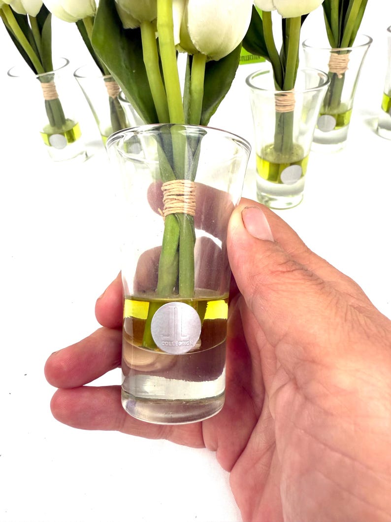Peut inclure: Un vase en verre transparent contenant des tulipes blanches avec des tiges et des feuilles vertes. Le vase porte un logo argent&eacute; et est rempli d'un liquide jaune. Les tiges sont envelopp&eacute;es de ficelle. Le vase est tenu par une main.