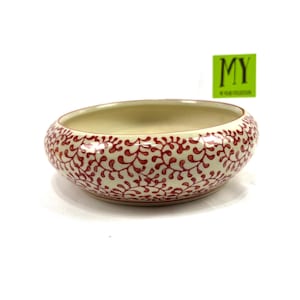 Vintage Planter - Stoneware Pottery - Low Round Bowl - Cream and Red Mulberry Pattern - My40YearCollection