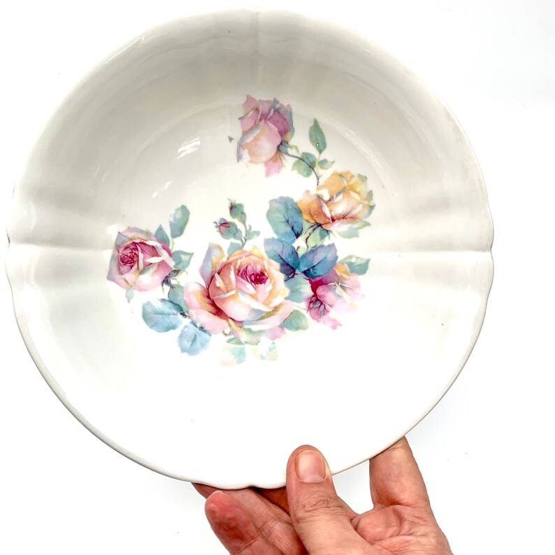 Vintage Porcelain Salad Serving Bowl Pink and Amber Roses Blue Leaf ...