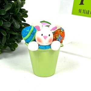 Vintage Easter Ornament - Small White Easter Bunny, Easter Eggs in a Green Easter Basket Ornament - Easter Decor - My40YearCollection