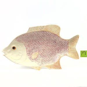 Vintage Pottery Plate - Large Embossed Pink and Cream Fish Shape Ceramic Plate - Signed LH 1975 - Coastal Decor - My40YearCollection