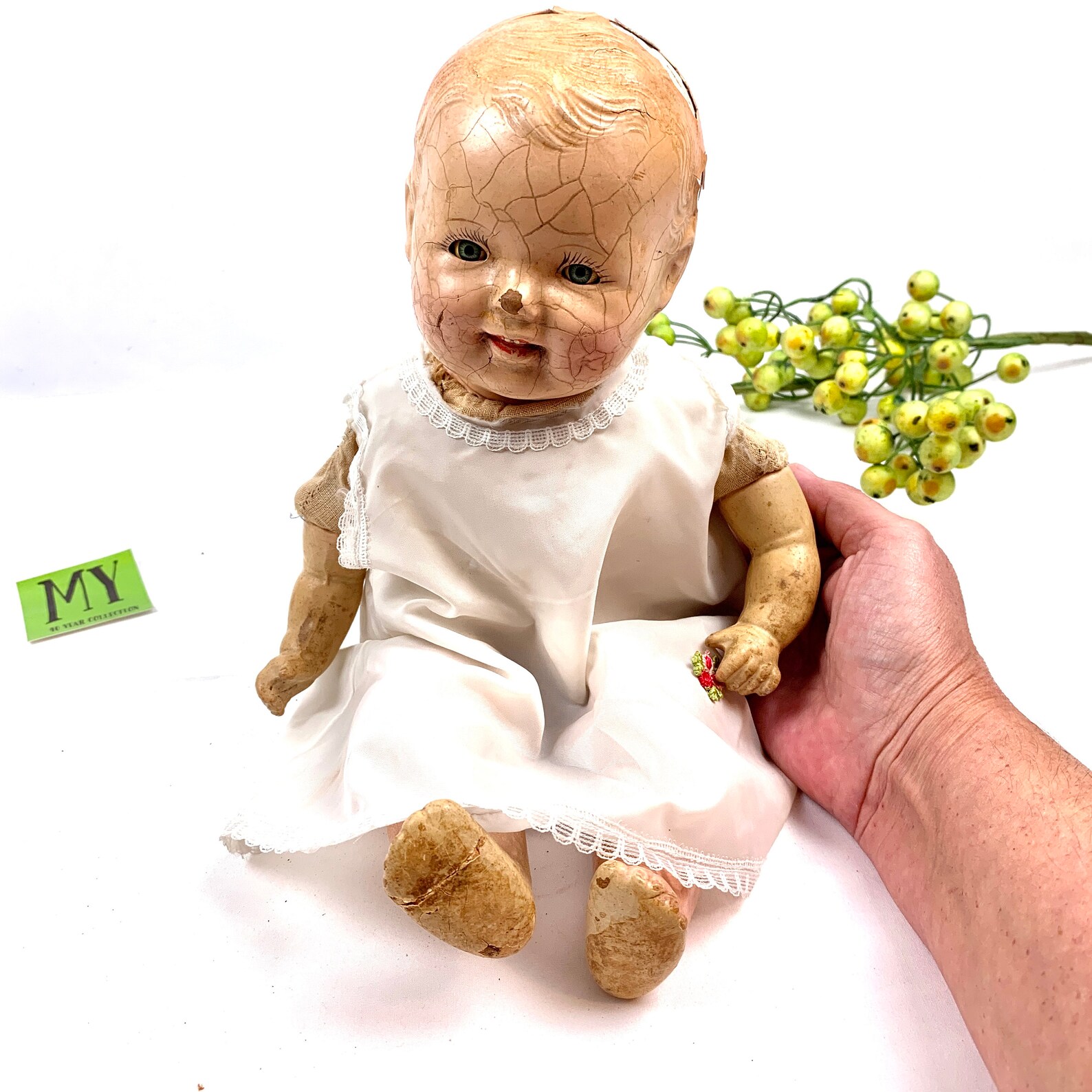 Antique Baby Doll White Dress Dimples Blue Sleepy Eyes Teeth Etsy