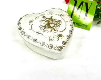 Antique Porcelain Heart Trinket Box: Gold Cherub Lid, Rose Trim