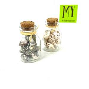 May include: Two small glass jars with cork lids filled with seashells. The jars are on a white surface. The text on the green label reads "MY 10 YEAR COLLECTION".