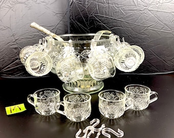 Jeannette Fruit Clear Glass Punch Bowl Set Pressed Fruit Motif Punch Bowl Set for Twelve People Extra Ladle Catering My40YearCollection