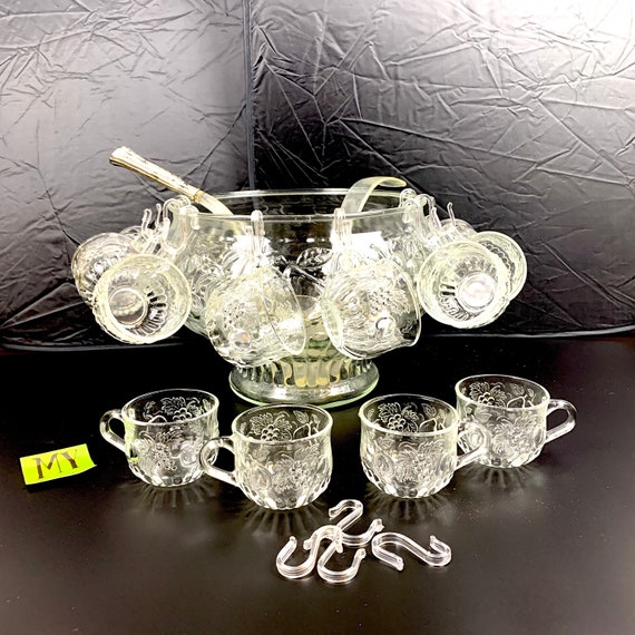 Vintage Jeannette Fruit Clear Glass Punch Bowl Set: 12 Cups, Ladles