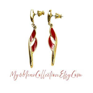 Vintage Gold Tone Dangle Earrings: Red Enamel Drop Earrings
