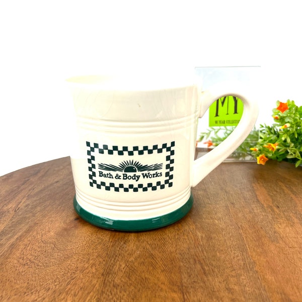 Vintage Large Mug with Handle - Bath and Body Works - Green and White Mug - Utensil Holder Mug - My40YearCollection