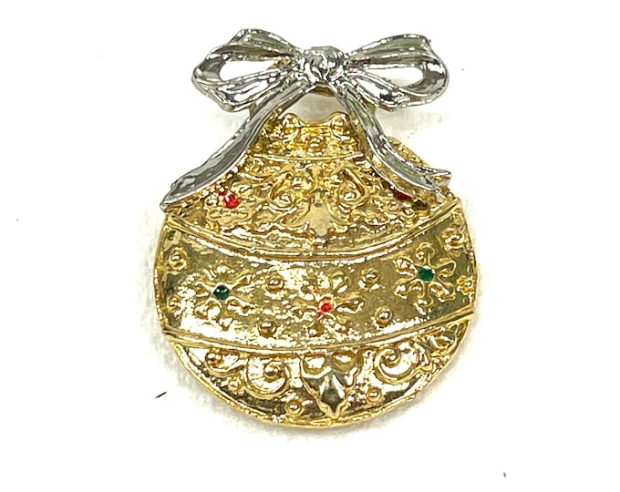 Vintage Christmas Ornament Brooch Gold and Silver Ornament With Bow