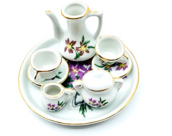 Vintage Miniature Tea Set: White Ceramic with Purple Lilies, Gold Trim