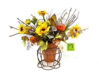 Vintage Faux Sunflower Arrangement: Terra Cotta Pot, Metal Plant Stand