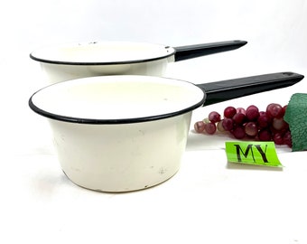 Vintage White Enamelware Pots: Chippy Farmhouse Kitchen Decor