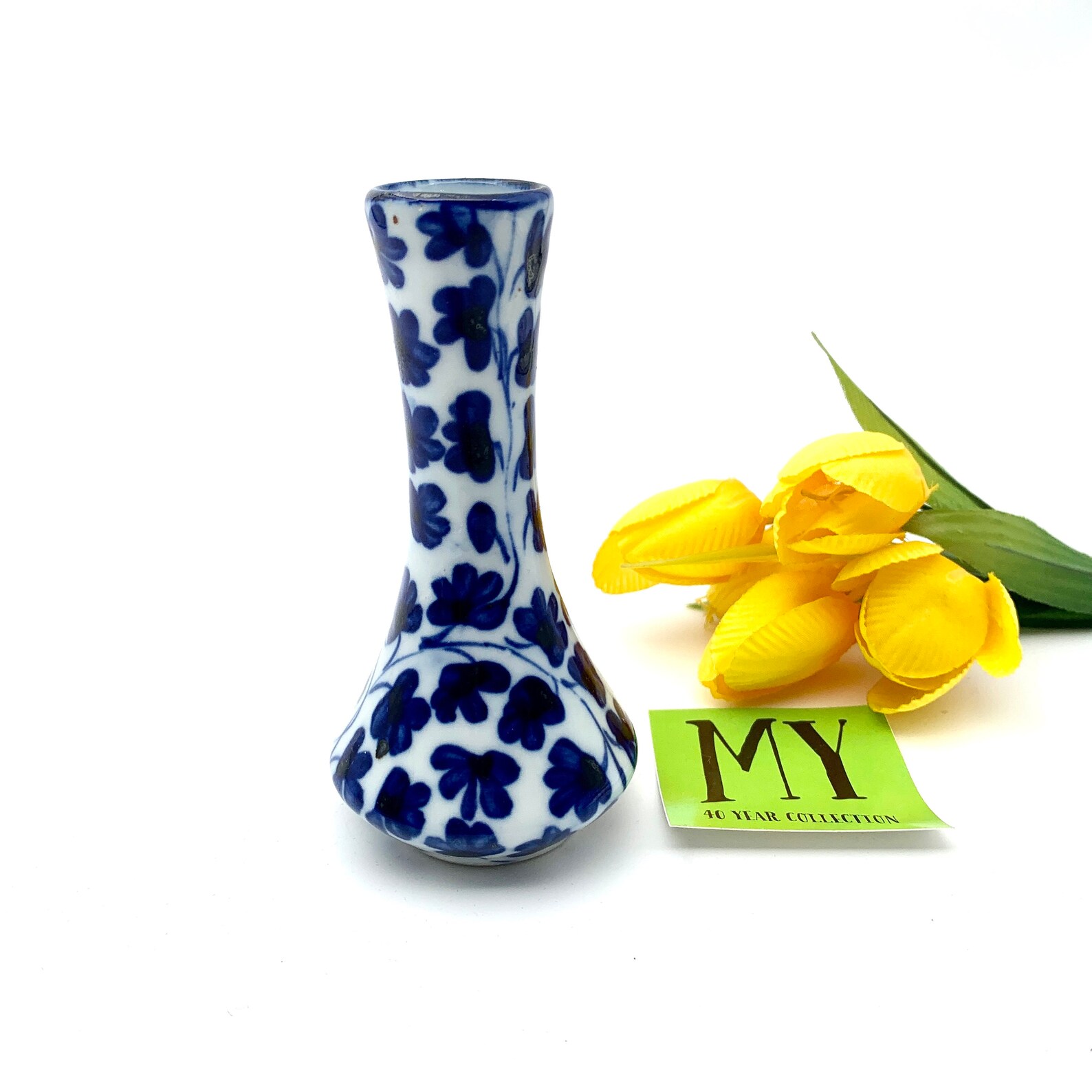 Vintage Pottery Bud Vase Blue and White Indigo on White Tulip Etsy