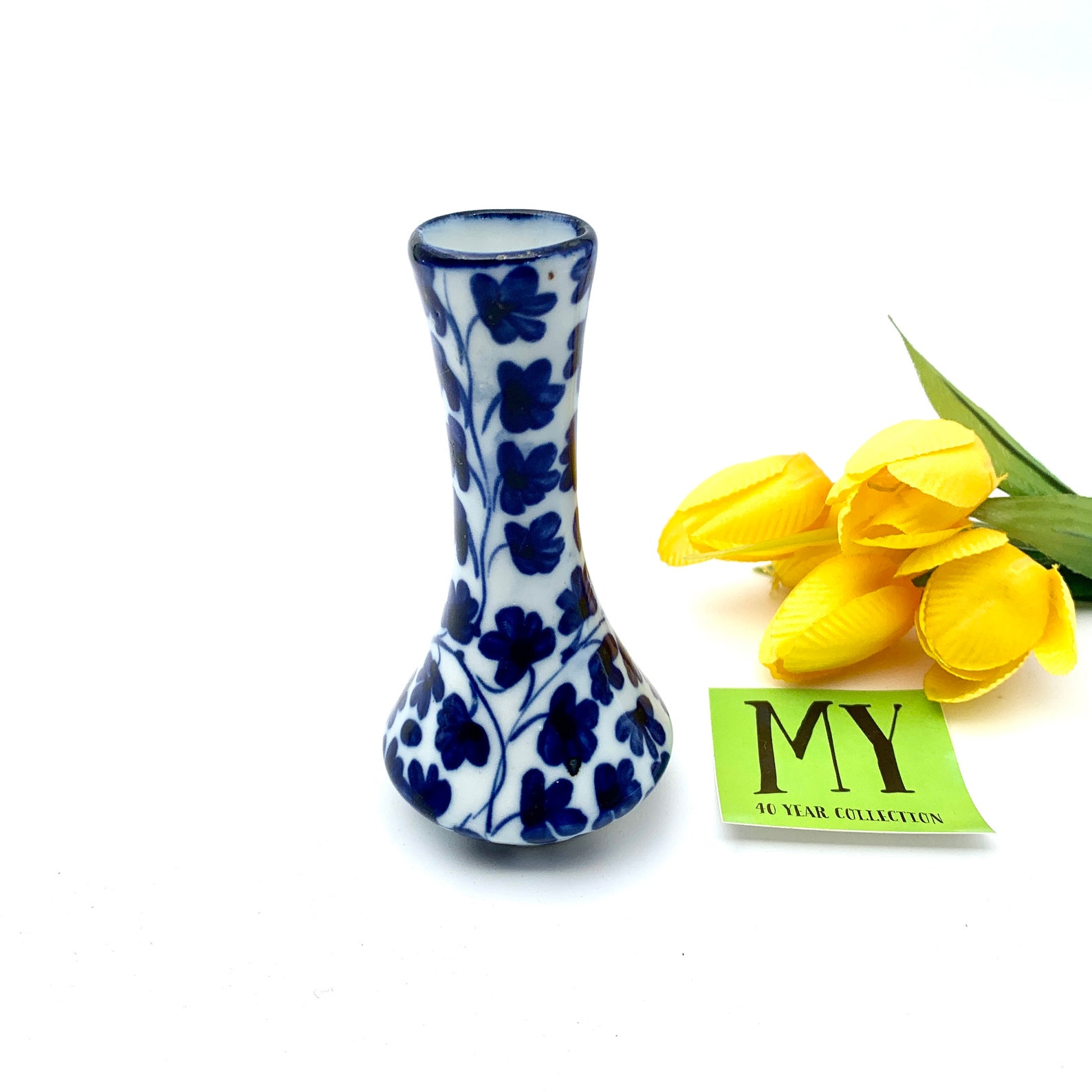 Vintage Pottery Bud Vase Blue and White Indigo on White Tulip Etsy