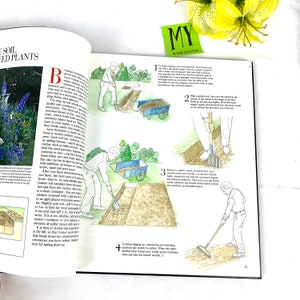 May include: A step-by-step illustrated guide on how to prepare a garden bed. The illustrations show a person digging a trench, adding organic matter, and raking the soil smooth. The text includes the words "My 40 Year Collection".