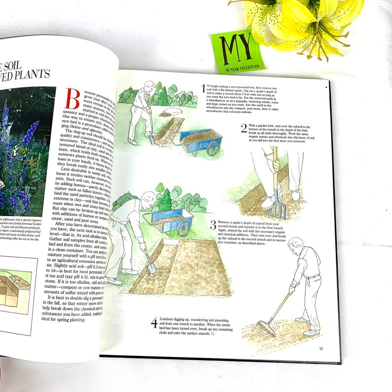 May include: A step-by-step illustrated guide on how to prepare a garden bed. The illustrations show a person digging a trench, adding organic matter, and raking the soil smooth. The text includes the words "My 40 Year Collection".