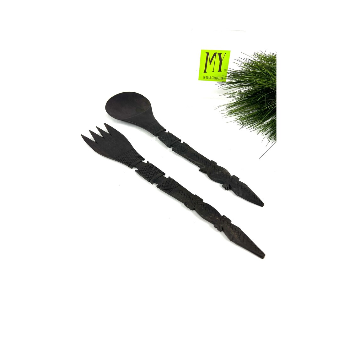 Vintage African Ebony Wood Salad Servers Set of 2 Utensils Decorative