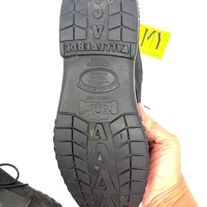May include: Black work boot with a textured sole. The sole features the brand name "VALLEVERDE", "ANTISTATIC", and "MADE IN ITALY". The boot is held by a hand against a white background.