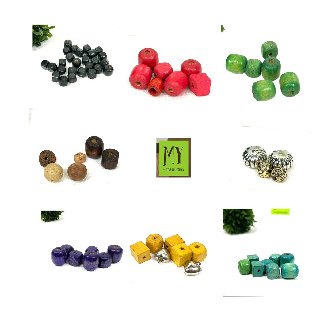 Vintage Wooden Beads Bulk Assortment Color Wood Metal Beads Square Oblong Heart Filigree Oval