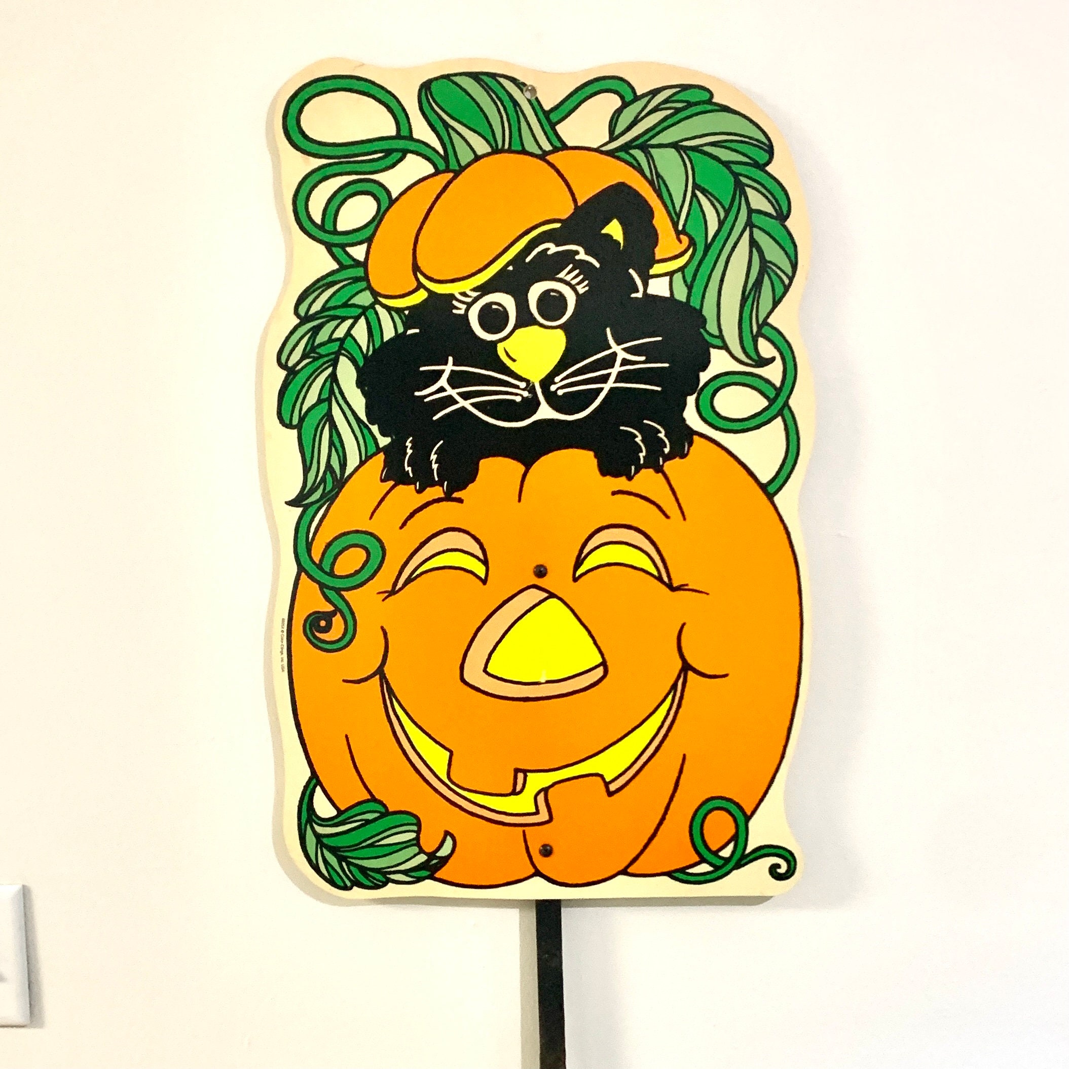 1996年製ヴィンテージハロウィンヤードサイン：黒猫とカボチャの装飾