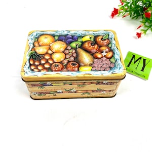 Vintage Silver Crane Company Nostalgic Small Fruit Crate Label Embossed Lid Tin Canister Mixed Fruit Designed in England My40YearCollection