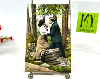 Antique Postcard - Romantic Humor Postcard - Woman Signing To Man Wait, Couple in Woods - Posted 1907 - 1 cent Stamp - My40YearCollection