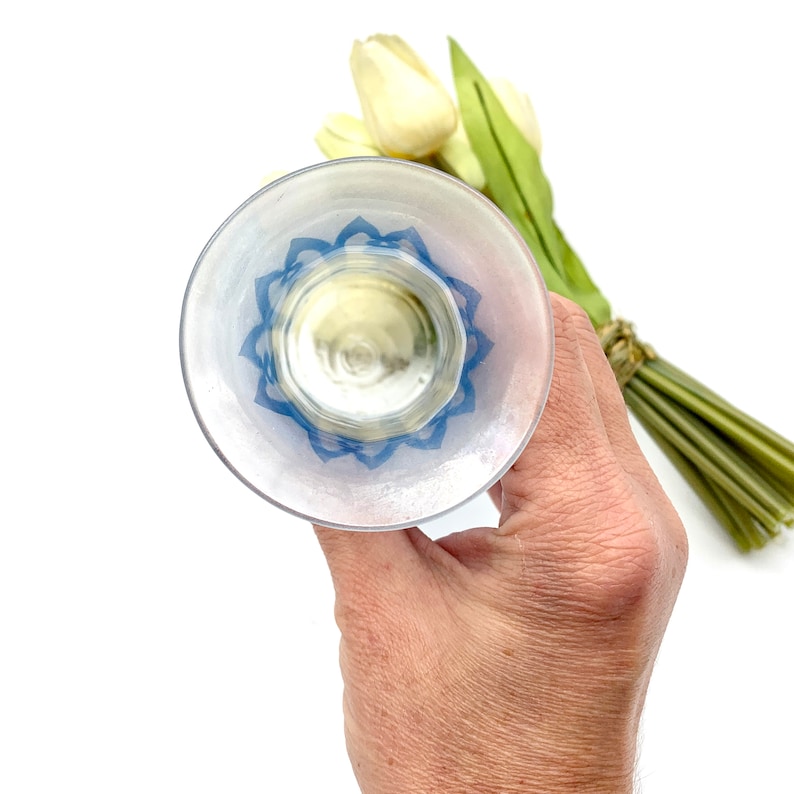 Vintage Light Blue Glass Cylinder Shape Vase Etched Pattern Glass Vase with Beige Faux Tulip Bunch Shabby Chic Decor