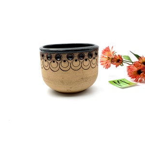 May include: A small, beige ceramic planter with a black rim and a decorative brown pattern of circles and ovals around the top.
