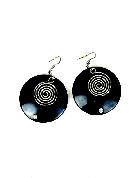 Vintage Earrings - Black Round Shell with Silver S