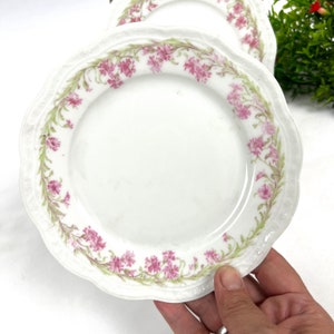 Antique Limoges A Lanternier France Pair of Bread and Butter Plates Pink florl with Green Leves Scalloped Edge My40YearCollection