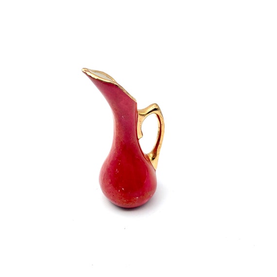 Vintage Miniature Pottery Pitcher Red With Gold Trim Hand Etsy