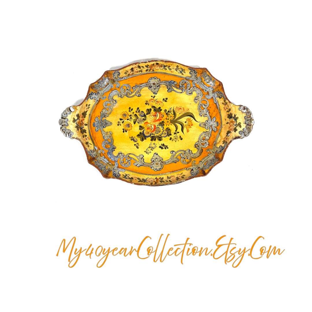 Vintage Italian Florentine Tole Tray Hand Painted Gold Gilt Serving ...