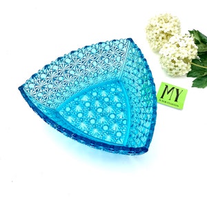 Beautiful Vintage Aqua Blue Daisy and Button Triangle Glass Bowl - Antique Ice Blue Crystal Pressed Fruit Bowl My40YearCollection