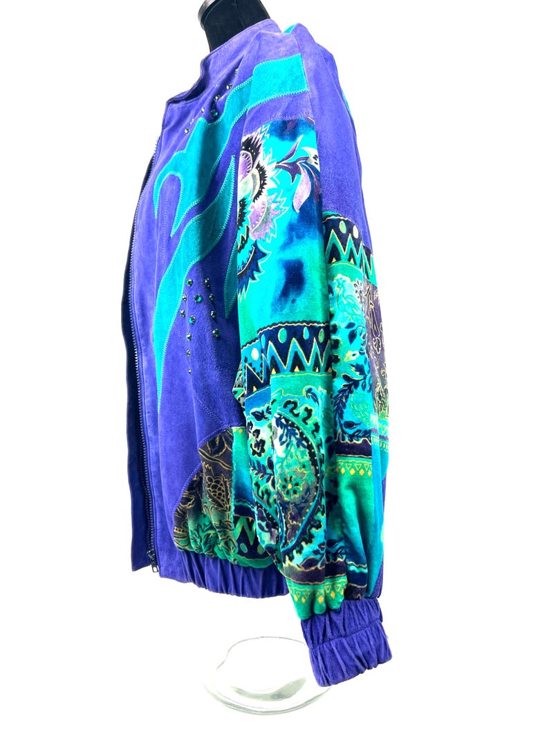 Vintage Leather Pant Suit Set: Julien K Purple Abstract Jacket, Size 8-10 image 10