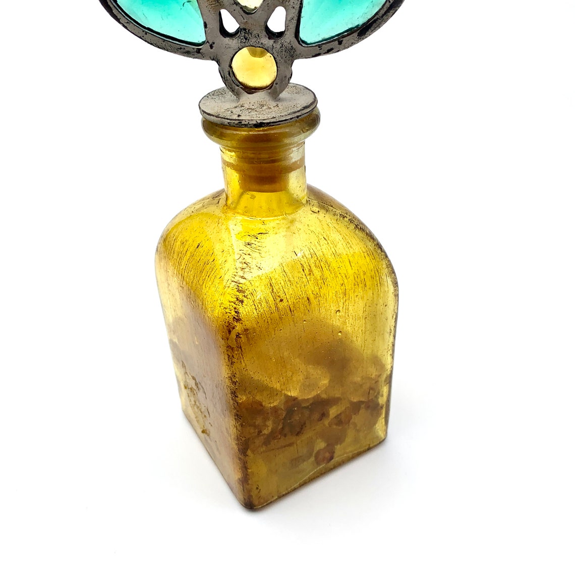 Vintage Mid Century Yellow Glass Bottle w Jeweled Metal Etsy