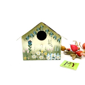 Vintage Hand Painted Wooden Birdhouse with Gold Tone Metal Roof Decorative Birdhouse Patio Decor My40YearCollection
