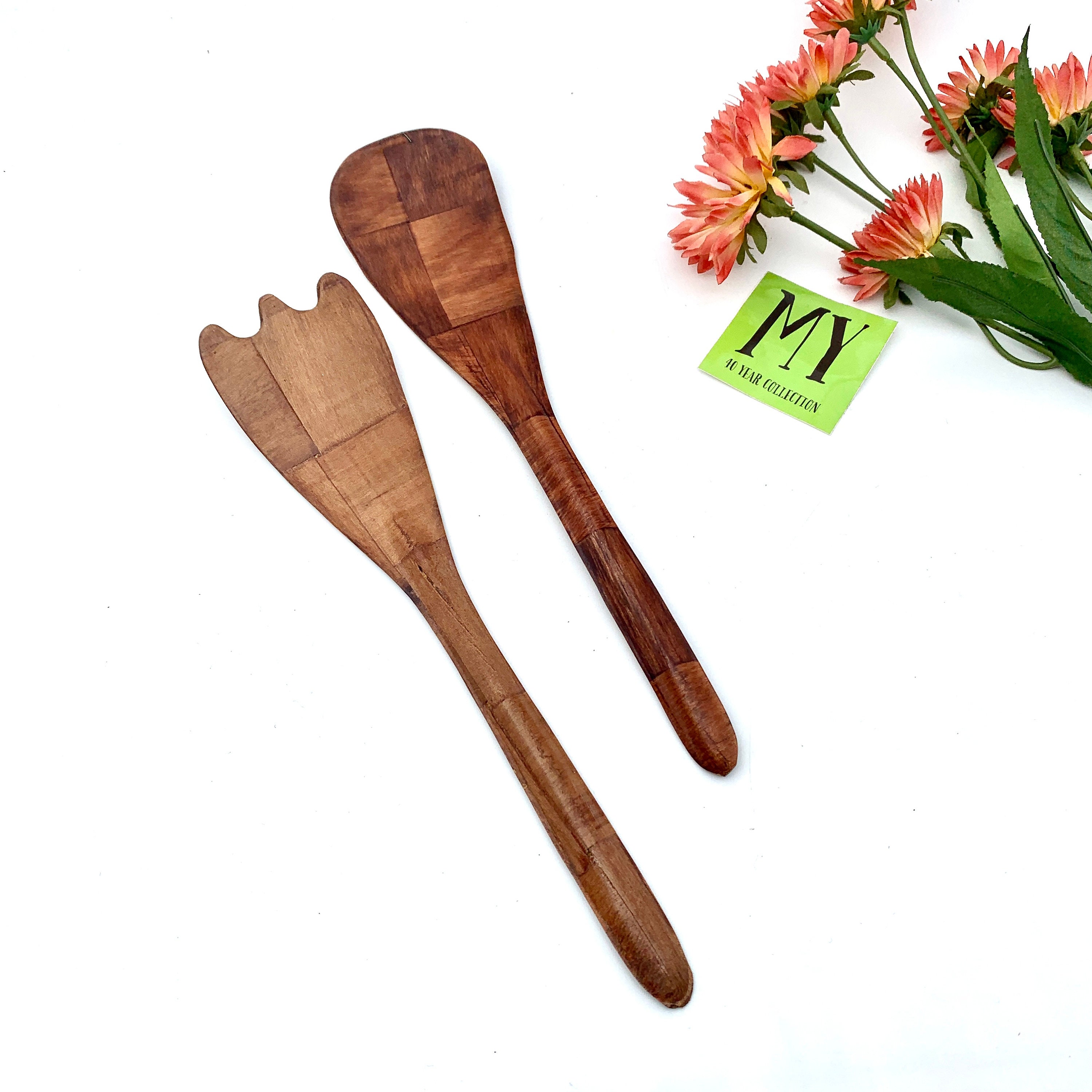 Vintage Bamboo Salad Serving Utensils Salad Serving Set Light Etsy