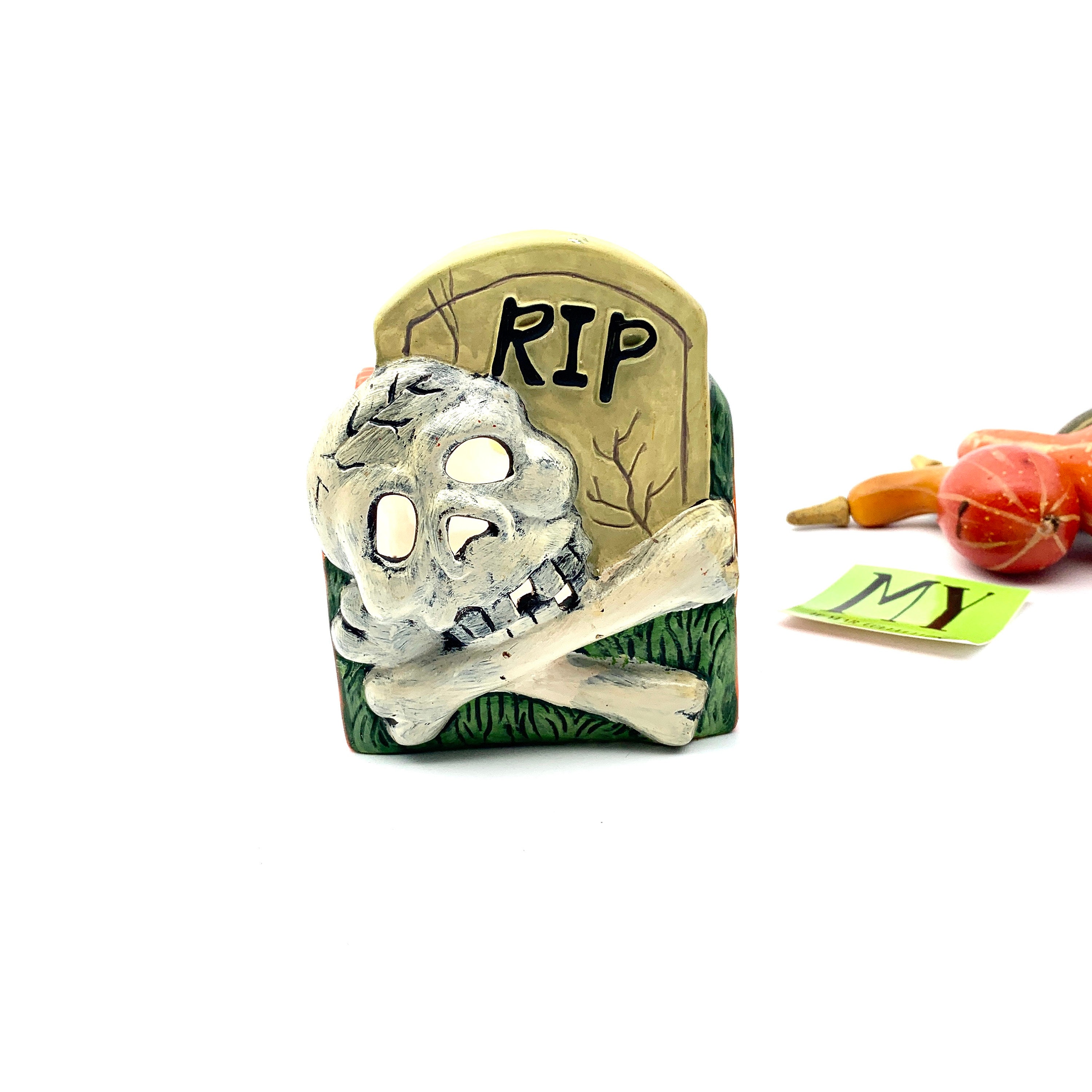 ヴィンテージの手描き磁器製ハロウィンキャンドルホルダー：スカル