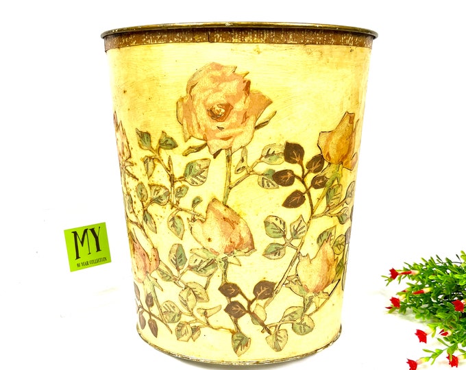 Vintage Metal Waste Bin Metal Flower Tole Trash Can Oval Shaped Rustic