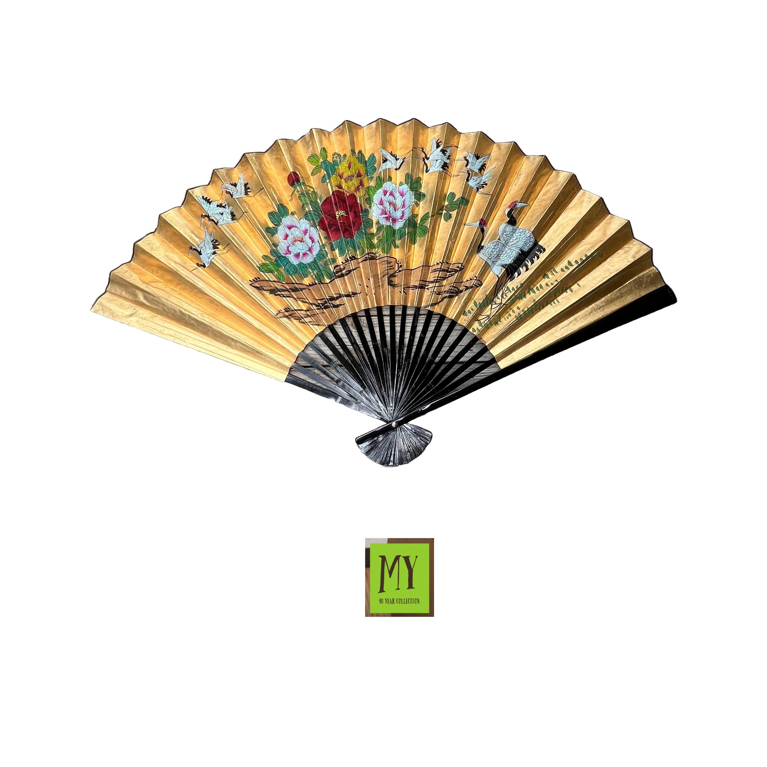 ヴィンテージの手描き中国扇子：大きな花鳥の壁掛け - Etsy 日本