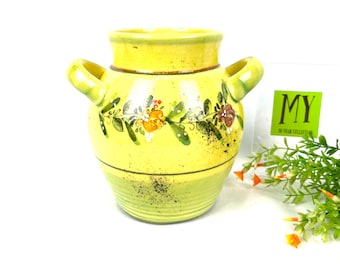 Vintage Pottery Jug: Yellow Floral Vase with Handles