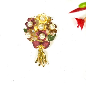 Vintage Brooch - Colorful Enamel Flowers with Rhinestones and Faux Pearls - Flower Bouquet Brooch Flower Basket My40YearCollection