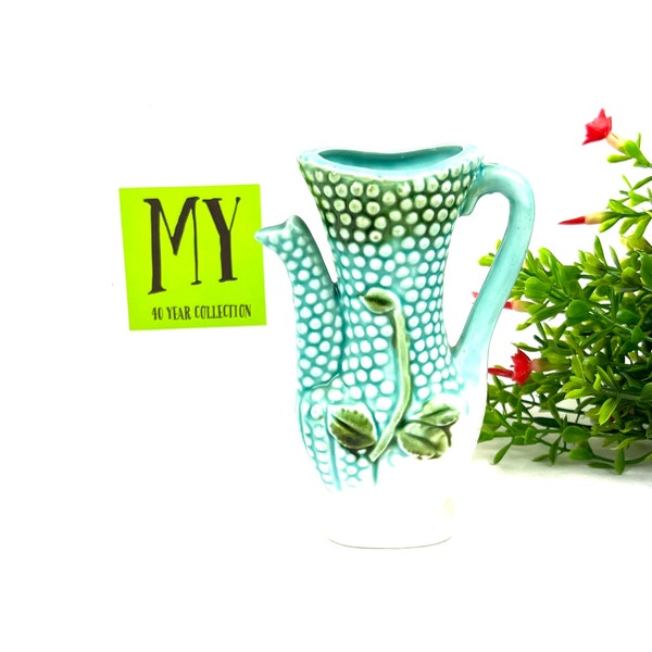 Vintage Vase - Japan - Teal and White Bean Sprout - Woolworths Sticker - Teal Corn Husk Pitcher Vase - My40YearCollection