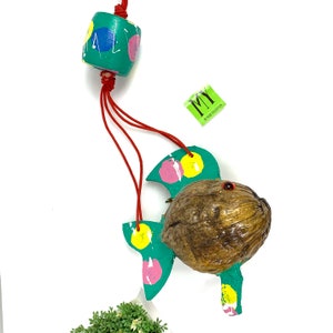 Whimsical Coconut and Wood Puffer Fish Sculpture Googley Eyes Hanging Fish Sculpture Red Teal Pink Beach Tiki Bar Decor My40YearCollection