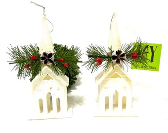 Vintage Glittered Church Christmas Ornaments: White Plastic Pair
