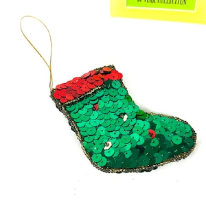 Vintage Sequin Christmas Stocking Ornament: Handmade Green Jewel Decor