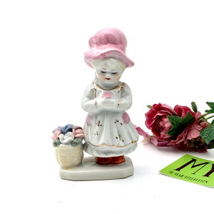 Vintage Made in China Porcelain Figurine Girl with Pink Hat and Flower Basket My40YearCollection