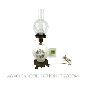 Vintage Table Lamp - New York Hedco Inc - Dual Light Lamp - Faux Oil Lamp Etched Daisies Milk Glass Brass Base - My40YearCollection