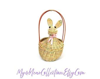 Vintage Wicker Bunny Easter Basket Handwoven Rabbit Basket Pastel Spring Decor Gift
