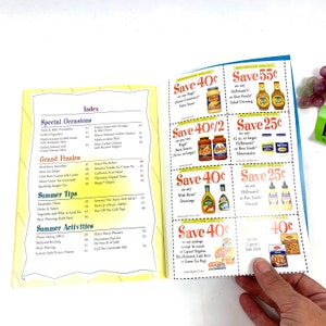 May include: A page from a cookbook with recipes and tips for summer entertaining. The page features a variety of coupons for food products, including Ragu pasta sauce, Wish-Bone salad dressings, Hellmann's mayonnaise, and Lipton tea.